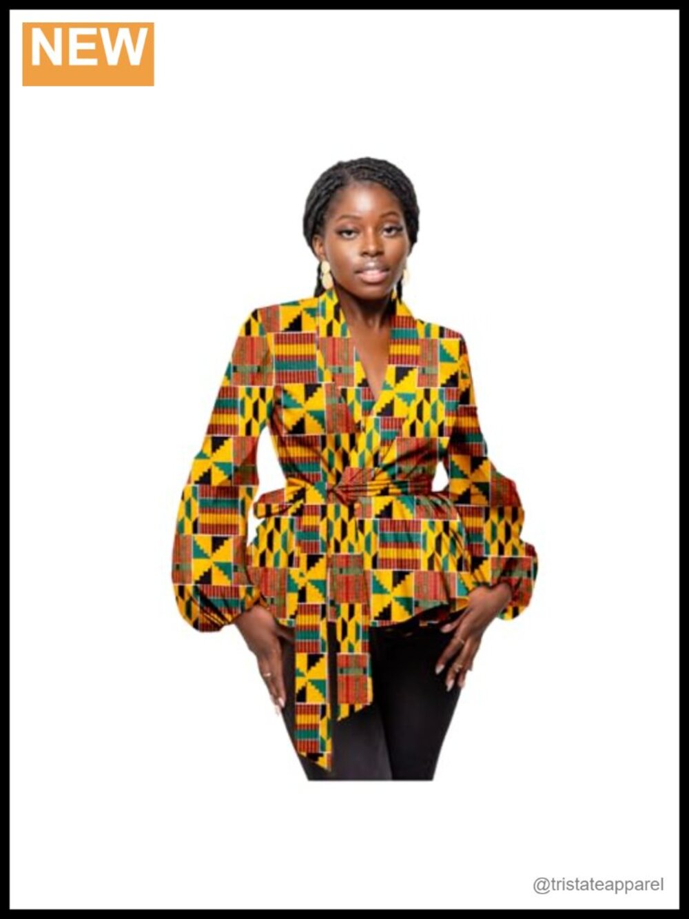 African Print Wrap Blouse Belted V-Neck Long Sleeve Cotton Dashiki Top